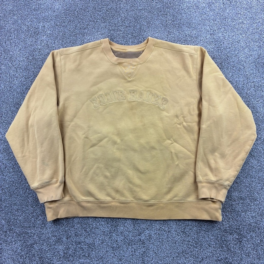 Eddie Bauer Sweatshirt Mens 2XL Yellow Gold Embroidered Spellout Crewneck Cotton